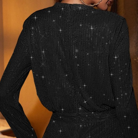 Sequin Mock Neck Long Sleeve Dress - Picture 6 of 7